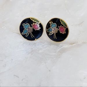 Vintage Black Enamel Cloisonné Butterfly Floral Circle Earrings